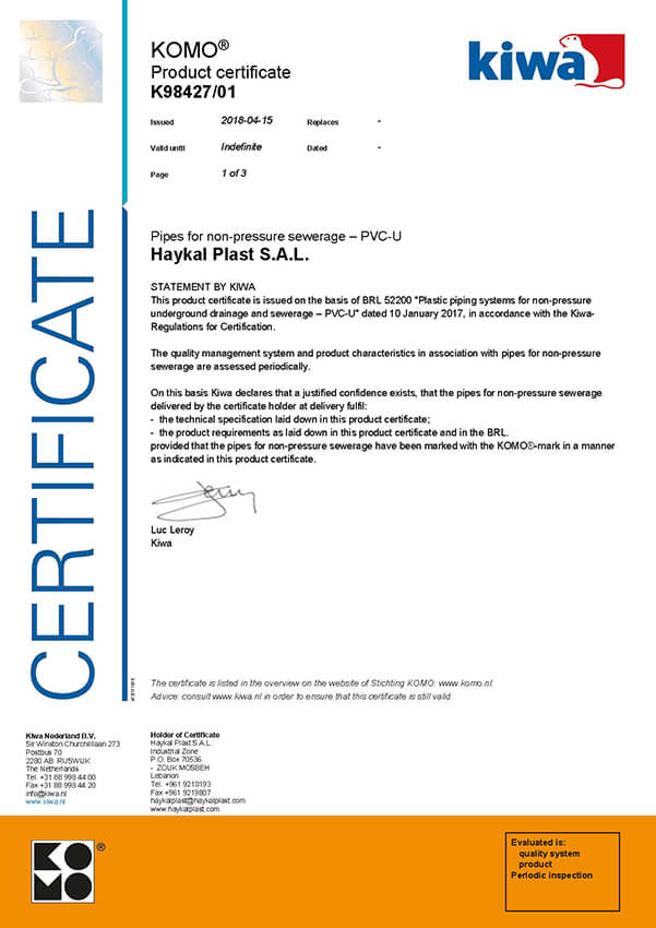 Haykal Plast KOMO Production Certificate K98427/01 - Pipes for Non-Pressure Sewerage - PCV-U