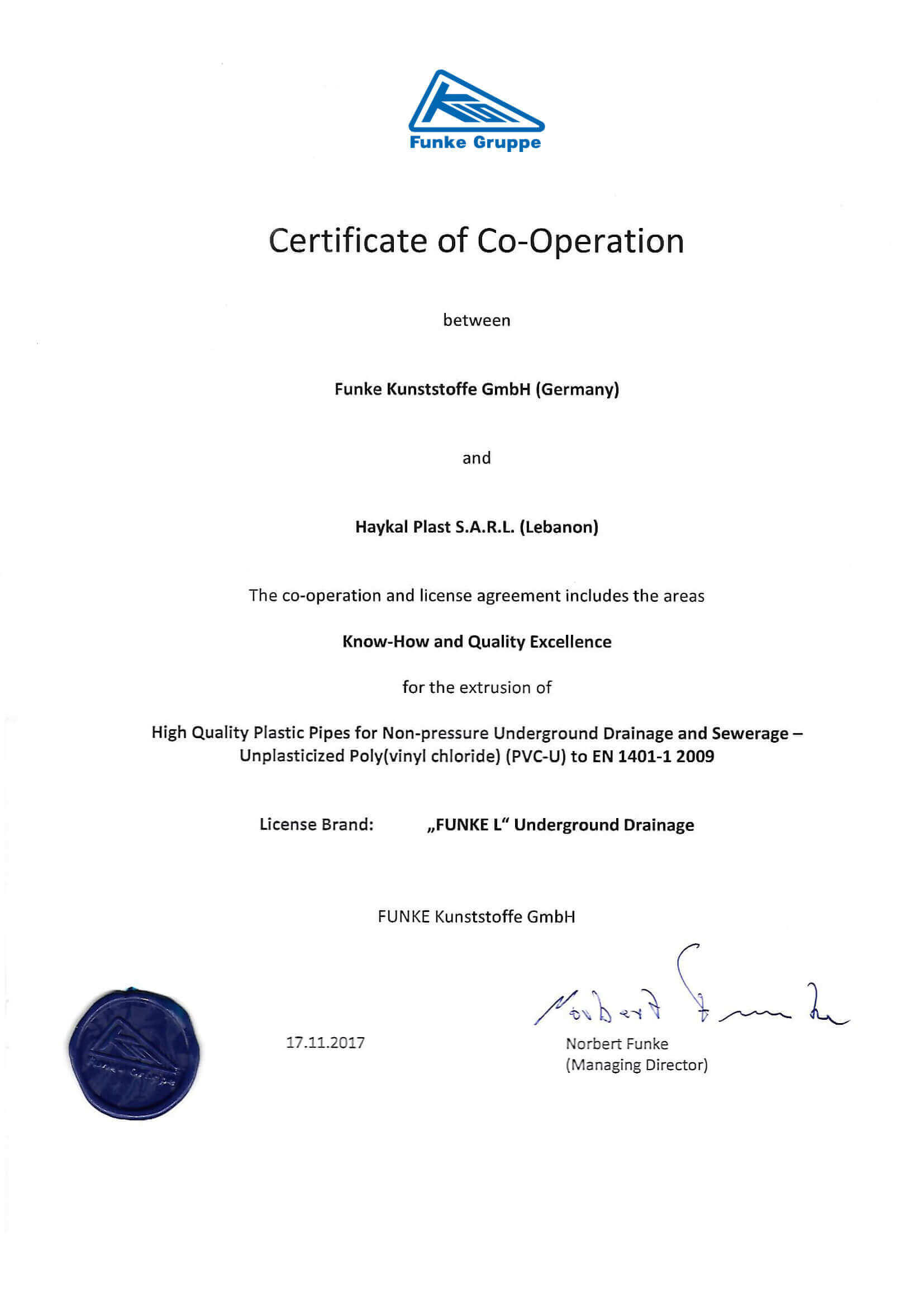 Haykal Plast Funke Certificate of Co-Operation - High Quality Plastic Pipes for Non-Pressure Underground Drainage and Sewerage - PVC-U