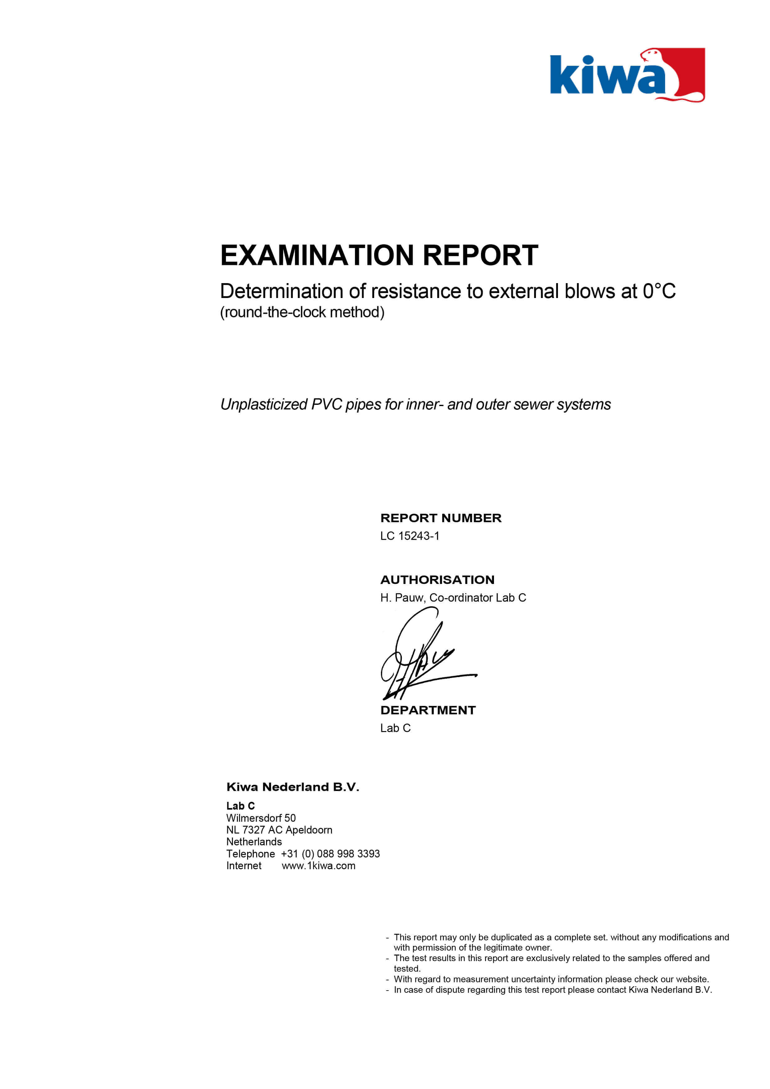 Haykal Plast Examination Report - Determination of resistance to external blows at 0 degrees C - 1